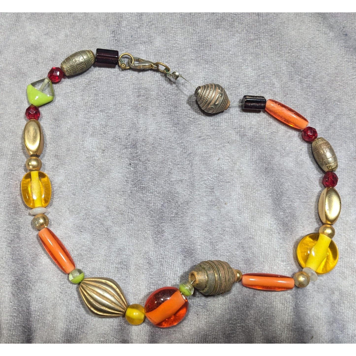 Handmade Retro Orange And Yellow Glass And Metal Beaded Necklace