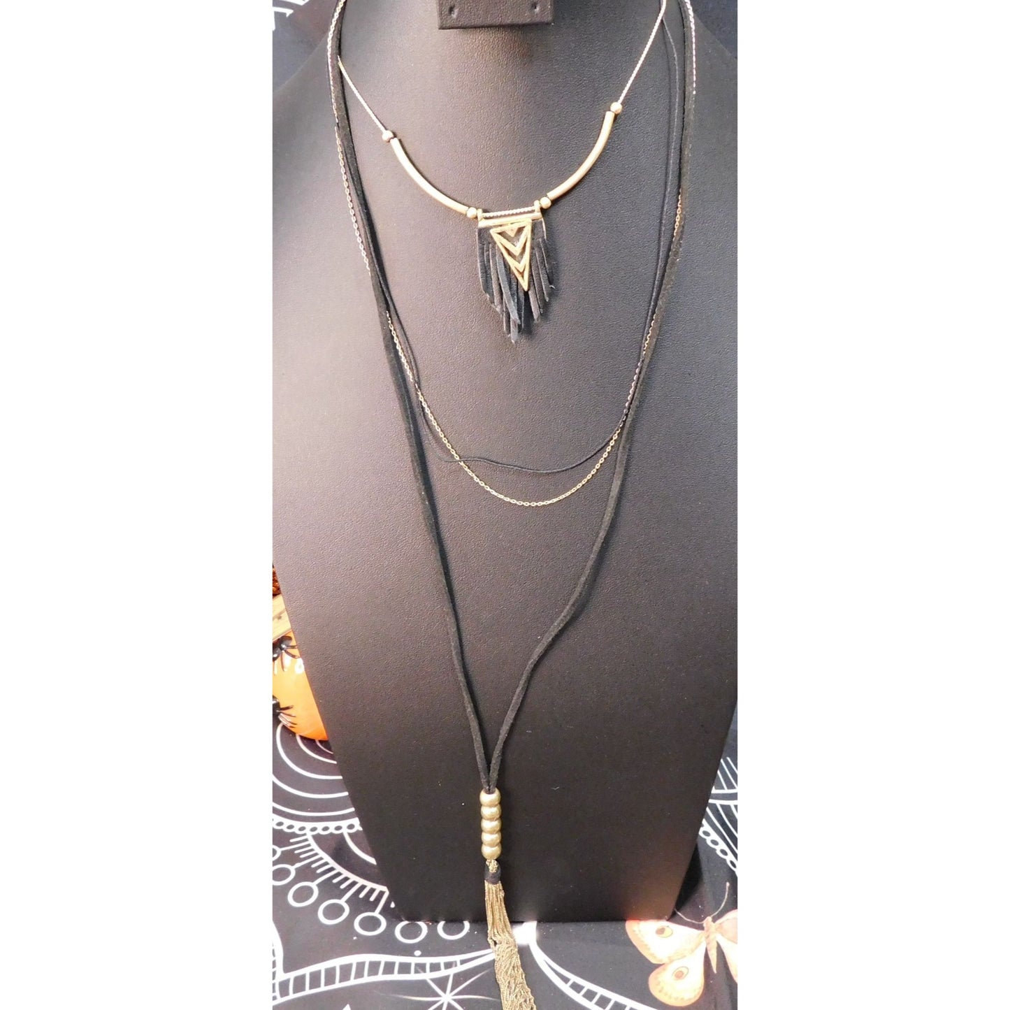 Bohemian Goth Black And Gold Tone Multilayer Tassel Necklace