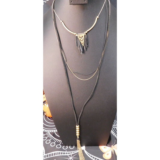 Bohemian Goth Black And Gold Tone Multilayer Tassel Necklace