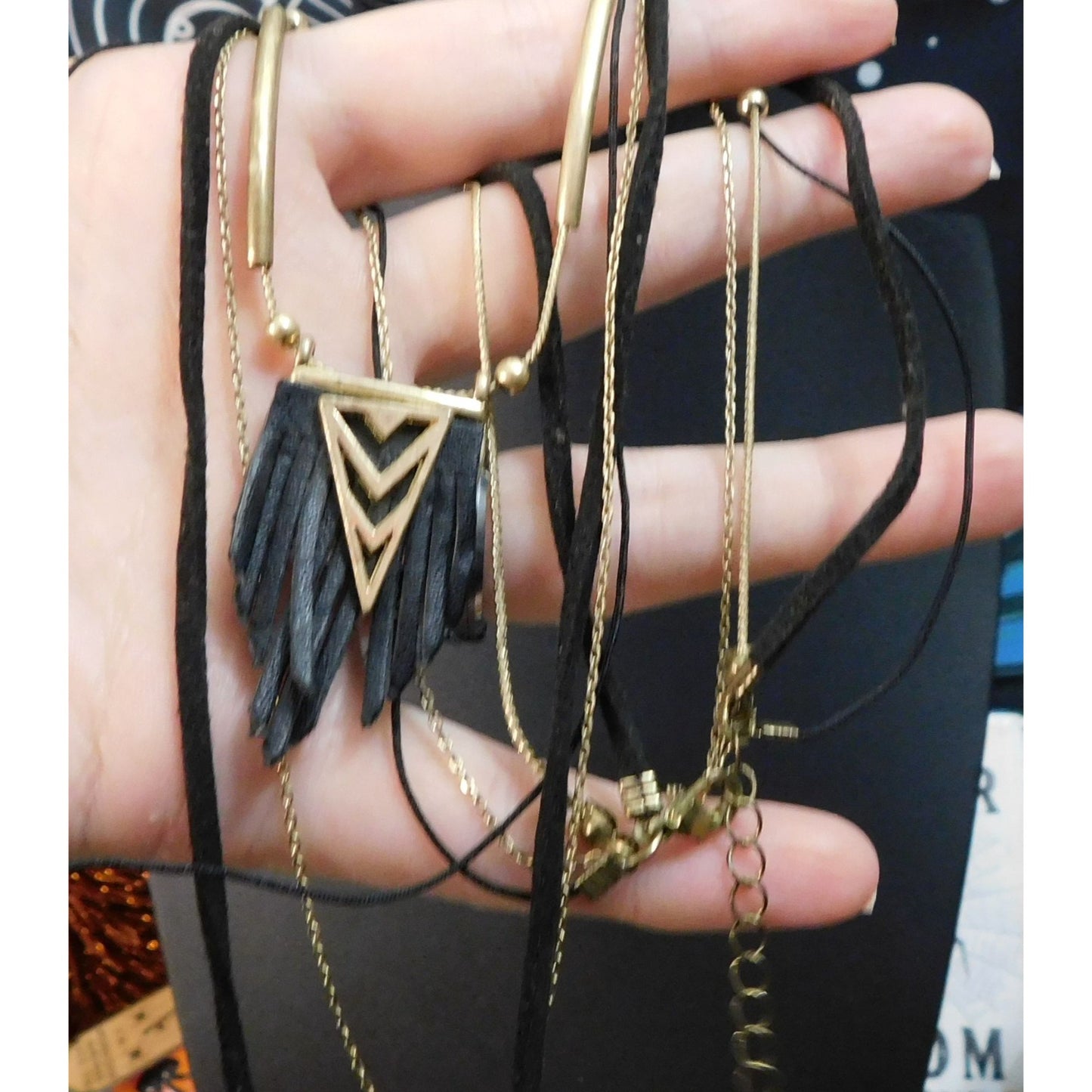 Bohemian Goth Black And Gold Tone Multilayer Tassel Necklace