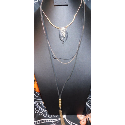 Bohemian Goth Black And Gold Tone Multilayer Tassel Necklace