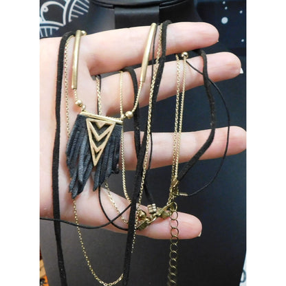 Bohemian Goth Black And Gold Tone Multilayer Tassel Necklace