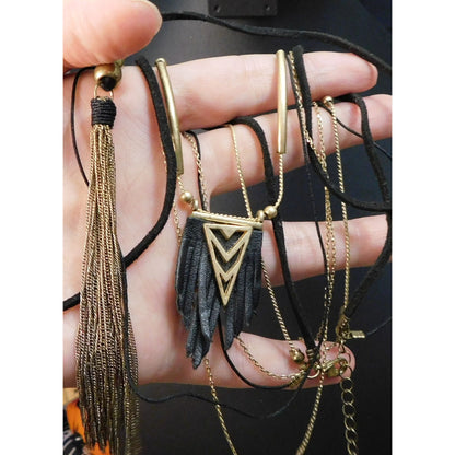 Bohemian Goth Black And Gold Tone Multilayer Tassel Necklace