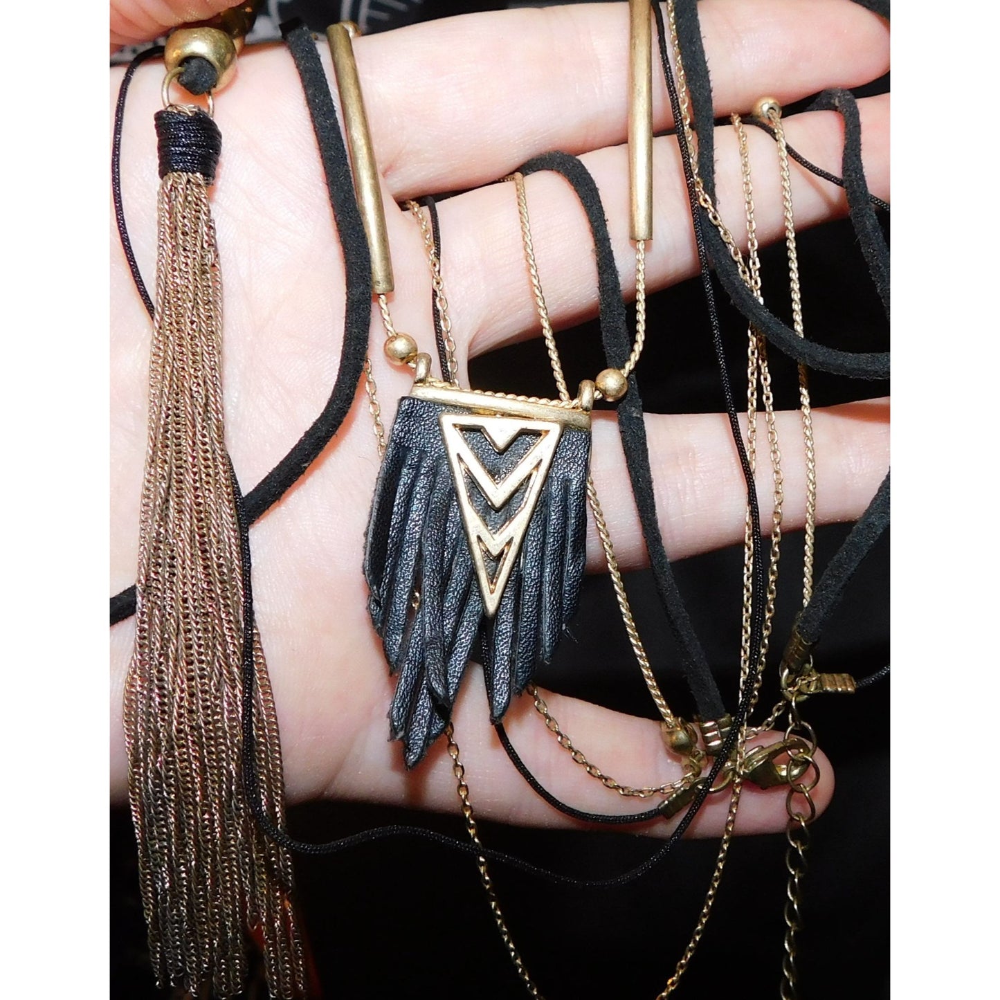 Bohemian Goth Black And Gold Tone Multilayer Tassel Necklace