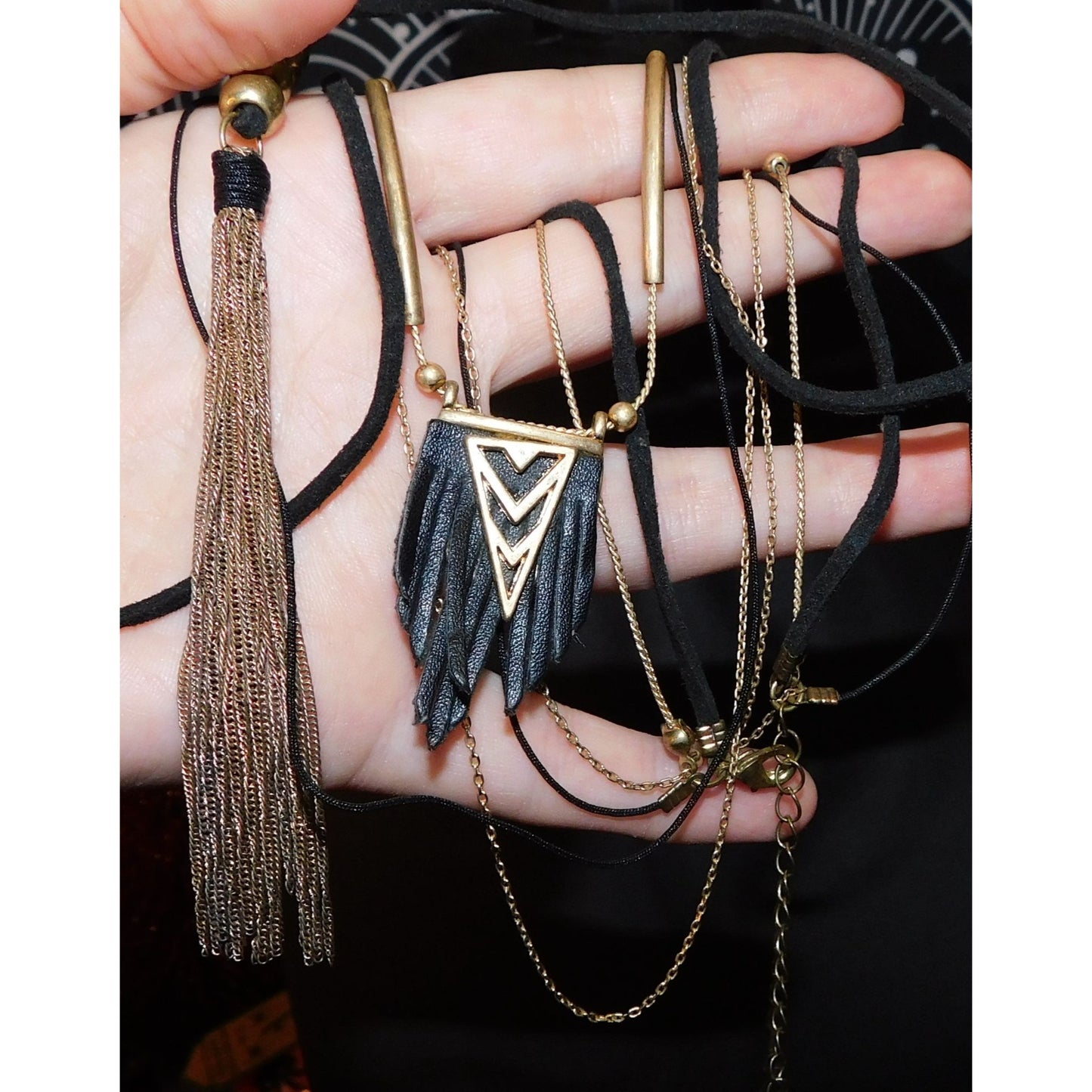 Bohemian Goth Black And Gold Tone Multilayer Tassel Necklace
