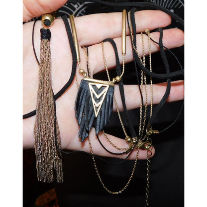 Bohemian Goth Black And Gold Tone Multilayer Tassel Necklace