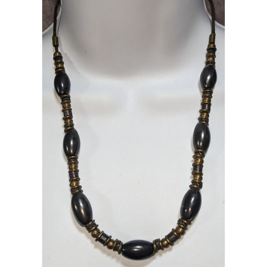 Brutalist Industrial Black Antique Brass Tone Beaded Necklace 20 Inch