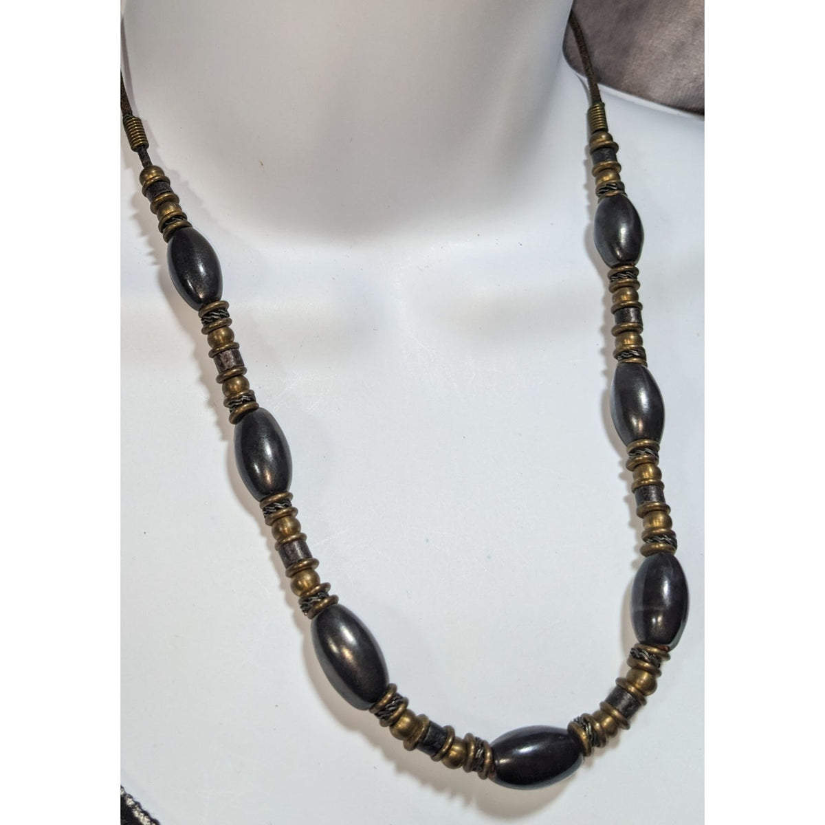 Brutalist Industrial Black Antique Brass Tone Beaded Necklace 20 Inch