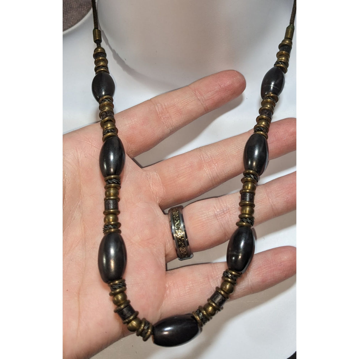 Brutalist Industrial Black Antique Brass Tone Beaded Necklace 20 Inch
