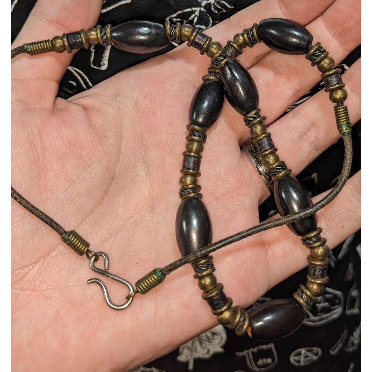 Brutalist Industrial Black Antique Brass Tone Beaded Necklace 20 Inch