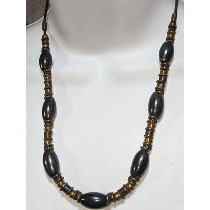 Brutalist Industrial Black Antique Brass Tone Beaded Necklace 20 Inch