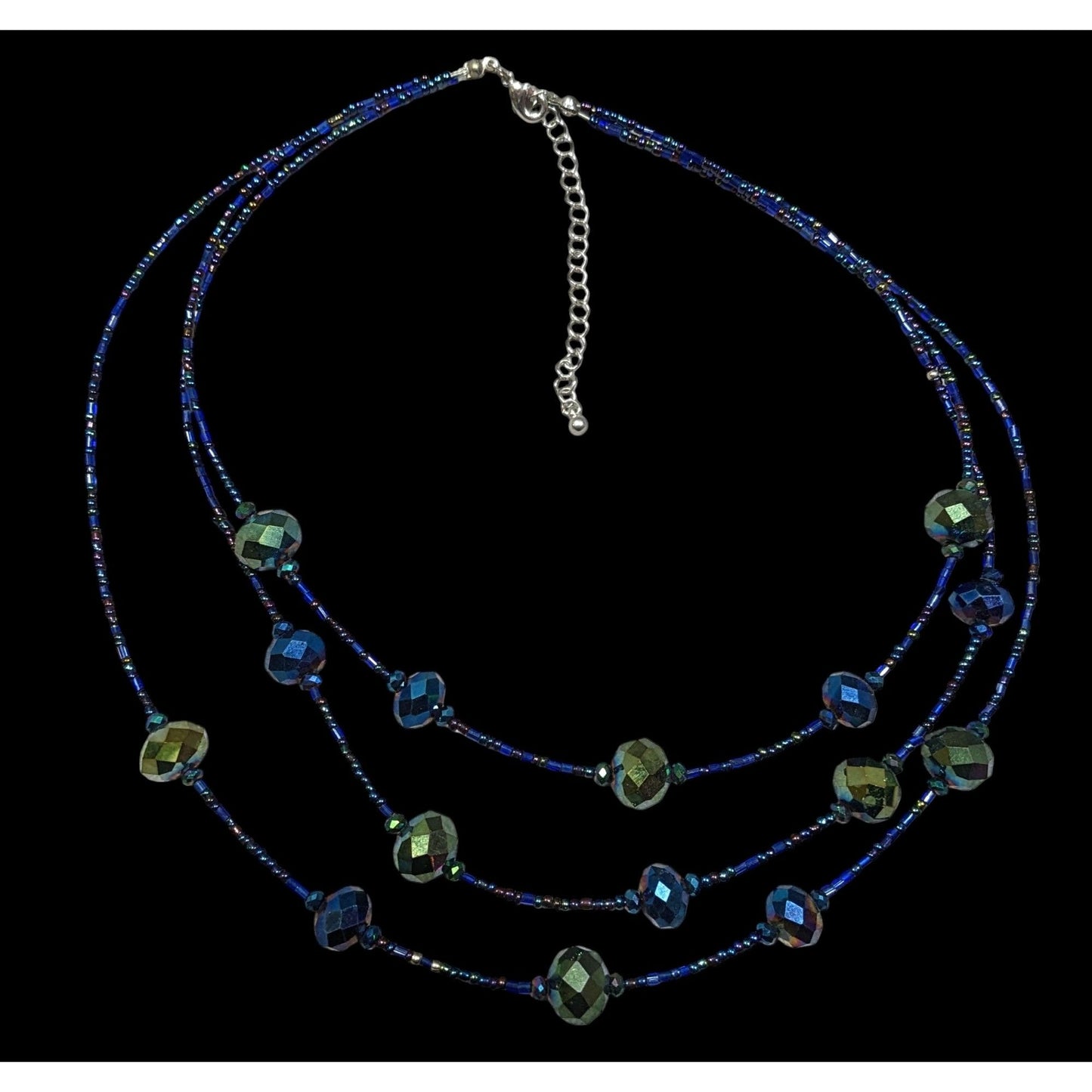 Whimsical Fantasy Blue And Green Oil Slick Glass Beaded Necklace
