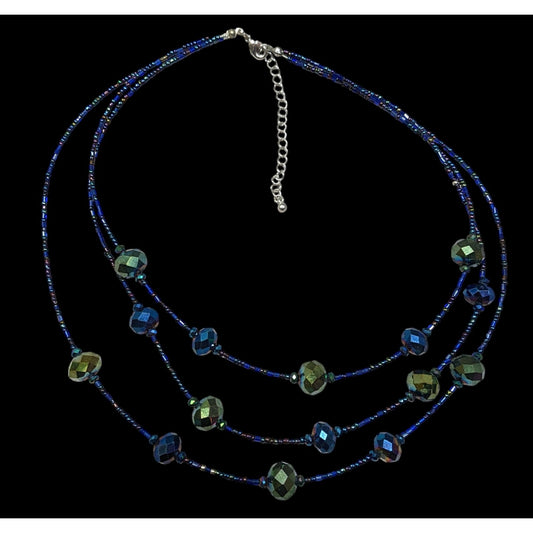 Whimsical Fantasy Blue And Green Oil Slick Glass Beaded Necklace