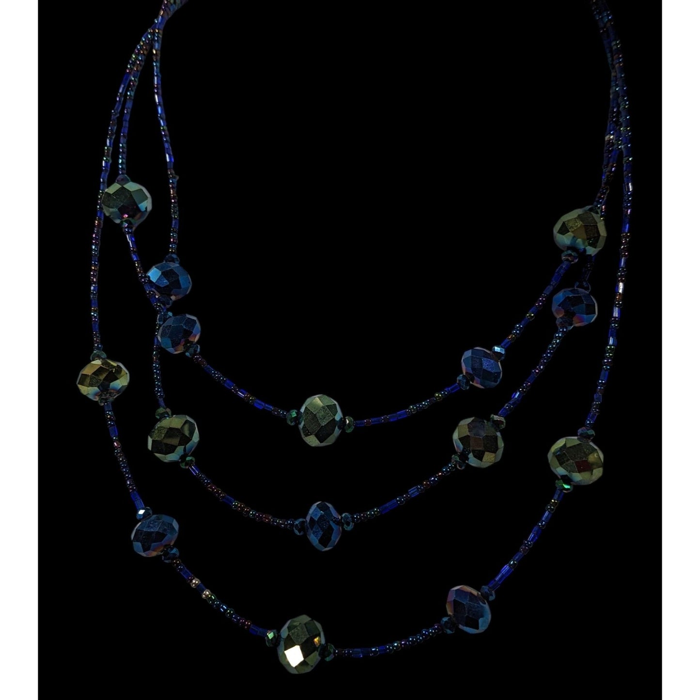 Whimsical Fantasy Blue And Green Oil Slick Glass Beaded Necklace