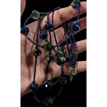 Whimsical Fantasy Blue And Green Oil Slick Glass Beaded Necklace