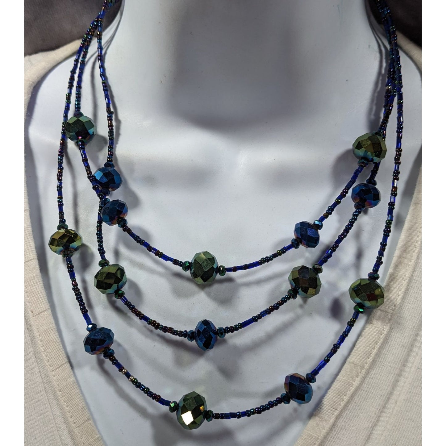 Whimsical Fantasy Blue And Green Oil Slick Glass Beaded Necklace