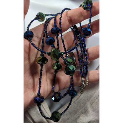 Whimsical Fantasy Blue And Green Oil Slick Glass Beaded Necklace
