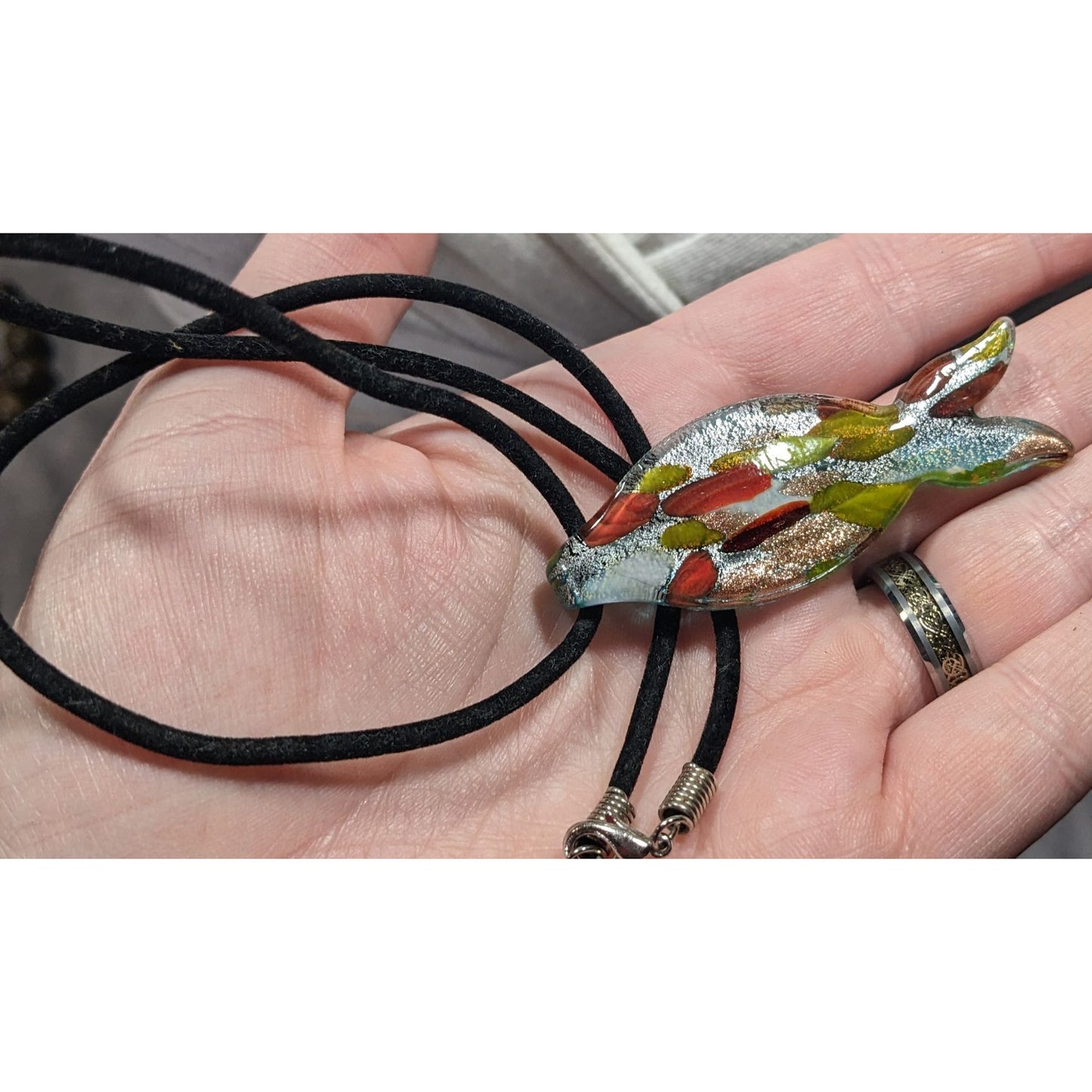 Lampwork Glass Metallic Fish Pendant Necklace