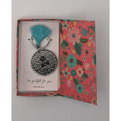 Boho Mom Floral Tassel Keychain Silver Tone Hammered Pendant Gift