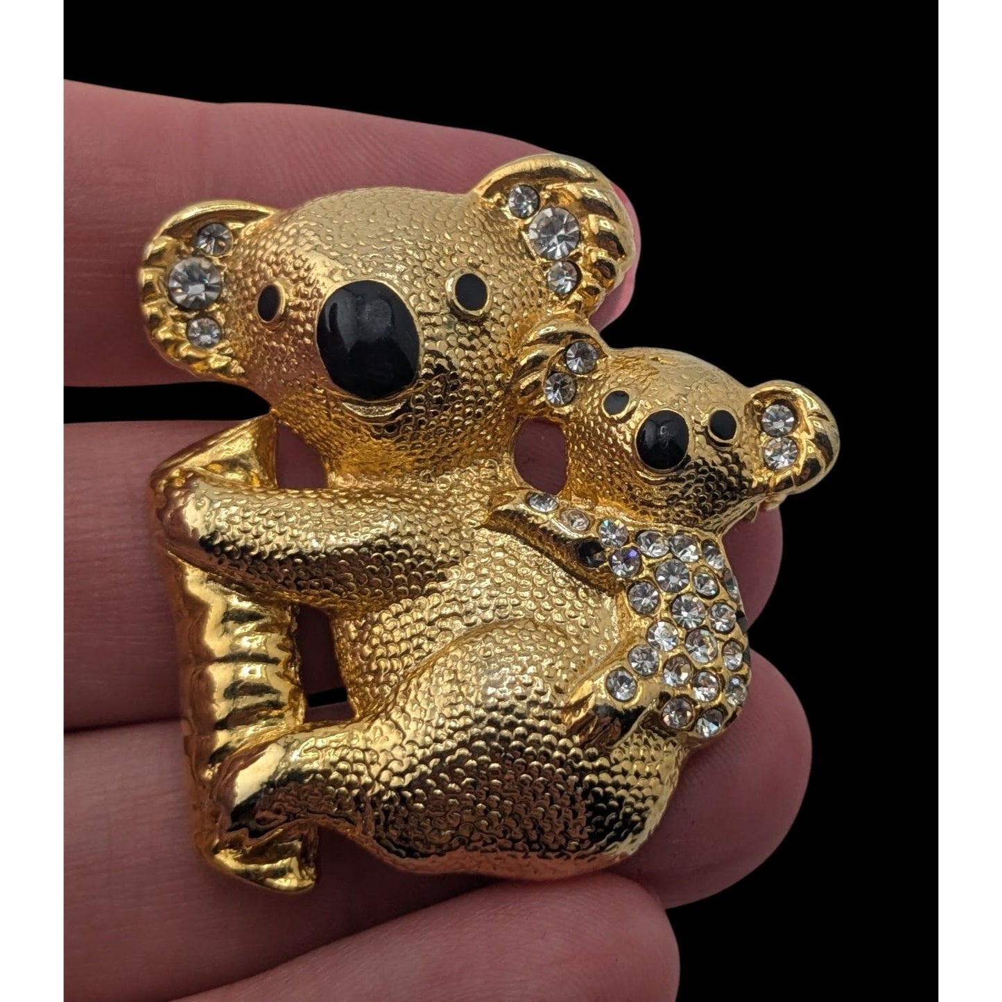 Kitsch Vintage Koala Brooch Gold Tone Rhinestone Mother Baby Bear Figural Pin