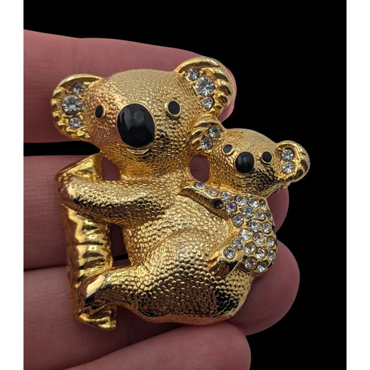 Kitsch Vintage Koala Brooch Gold Tone Rhinestone Mother Baby Bear Figural Pin