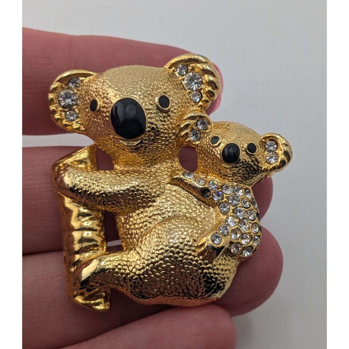 Kitsch Vintage Koala Brooch Gold Tone Rhinestone Mother Baby Bear Figural Pin