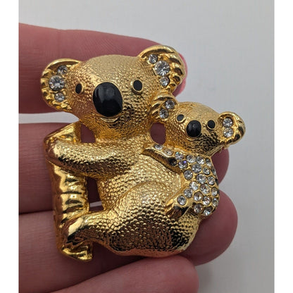 Kitsch Vintage Koala Brooch Gold Tone Rhinestone Mother Baby Bear Figural Pin