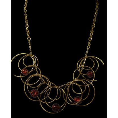 Modern Gold Tone Loop Necklace With Brown Beaded Accents