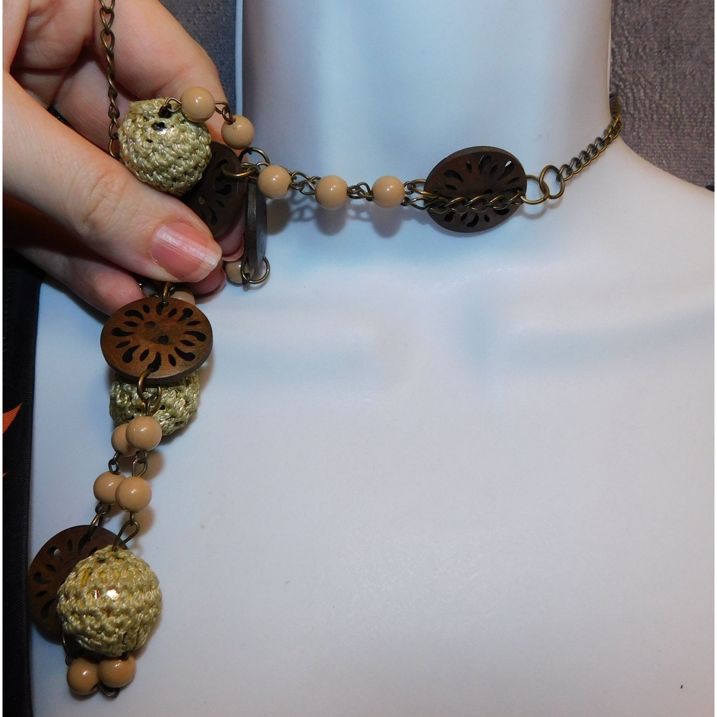 Vintage Wood And Crochet Beaded Necklace
