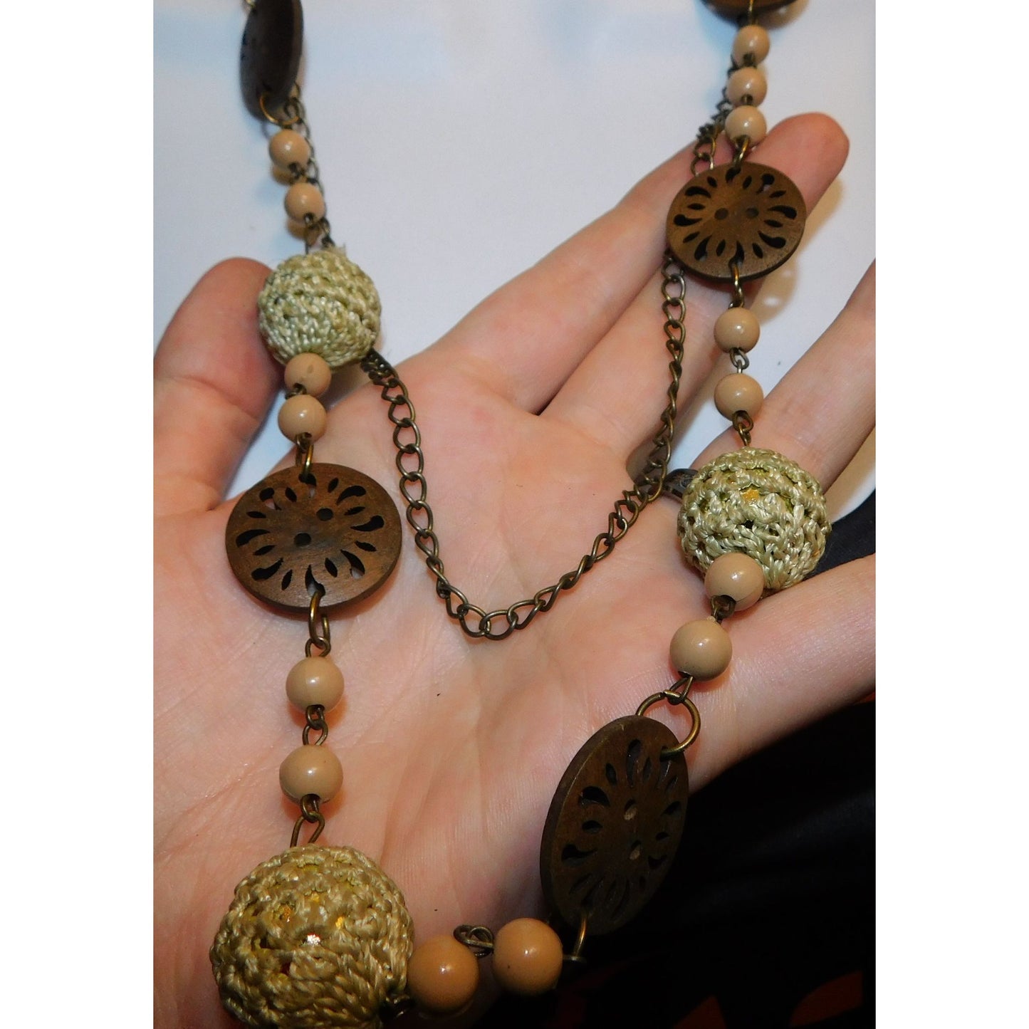 Vintage Wood And Crochet Beaded Necklace