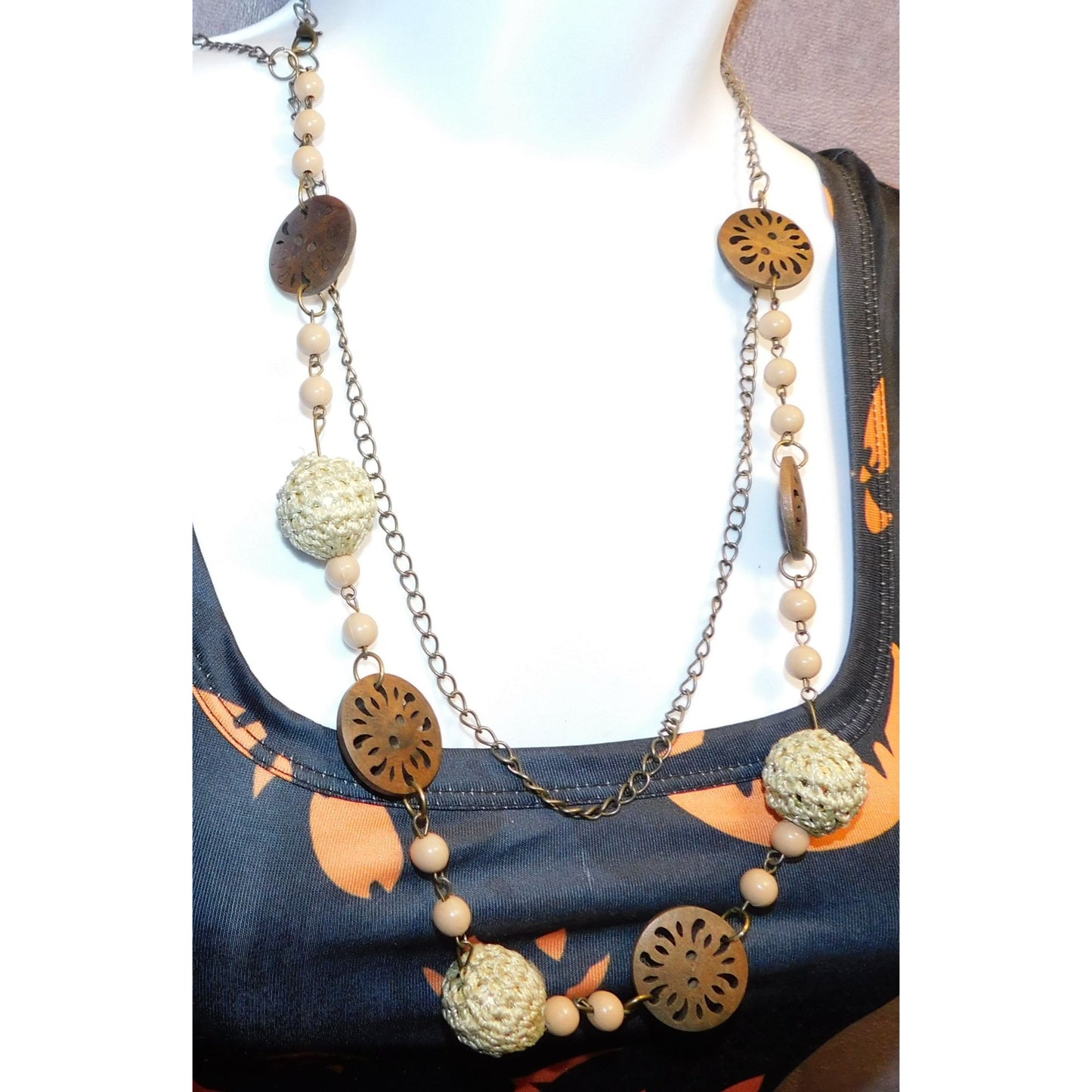 Vintage Wood And Crochet Beaded Necklace