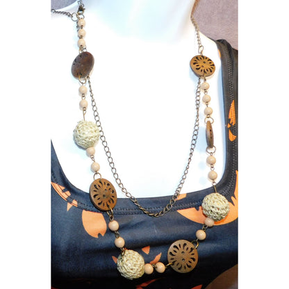 Vintage Wood And Crochet Beaded Necklace