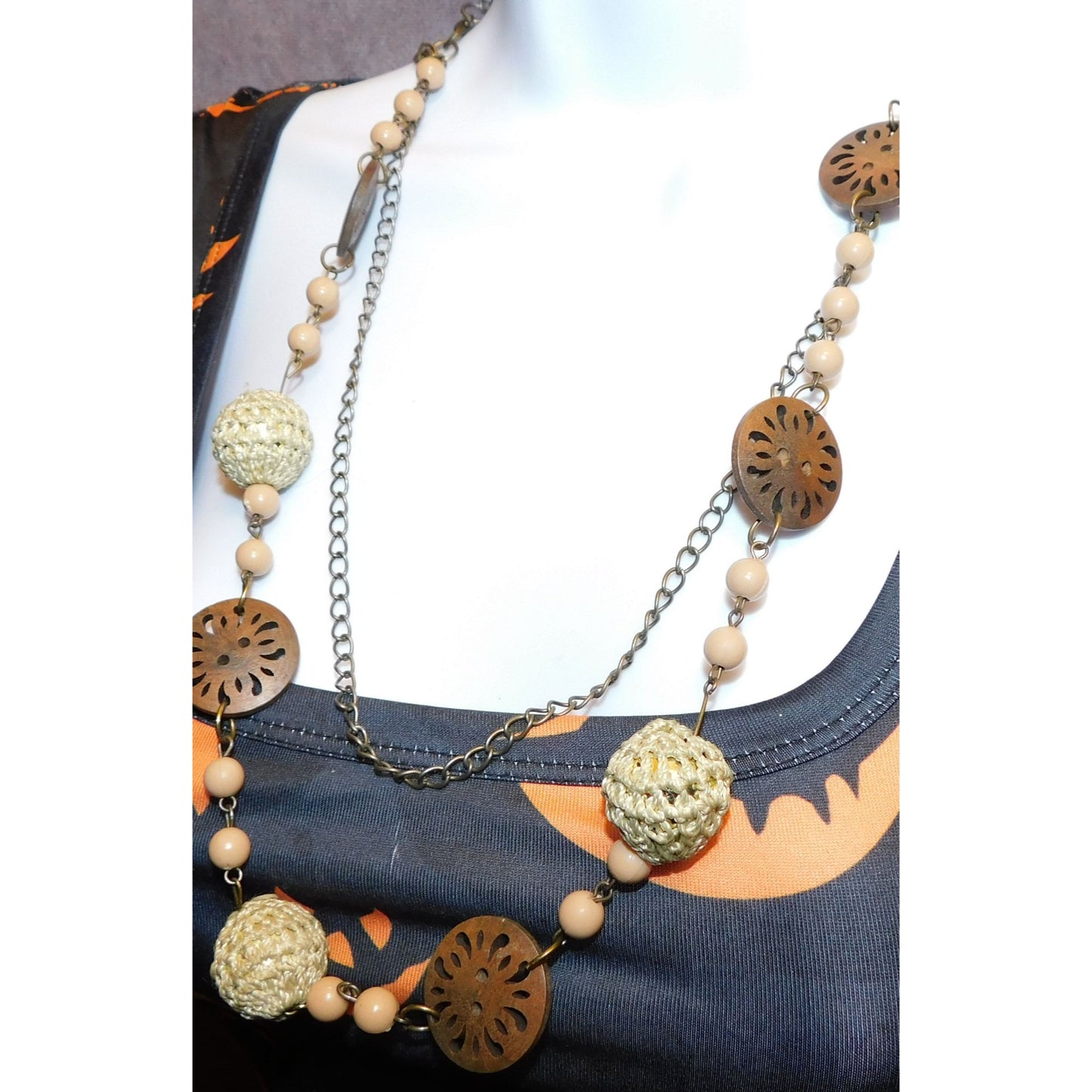 Vintage Wood And Crochet Beaded Necklace