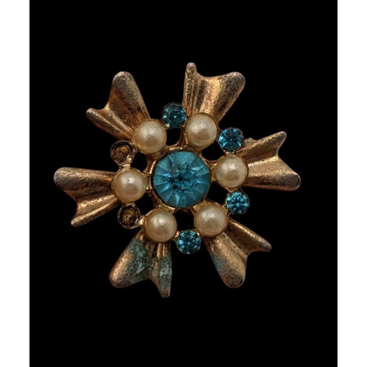 Vintage Atomic Sunburst Brooch Blue Gold Retro Mid Century Pin