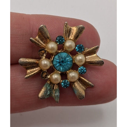 Vintage Atomic Sunburst Brooch Blue Gold Retro Mid Century Pin