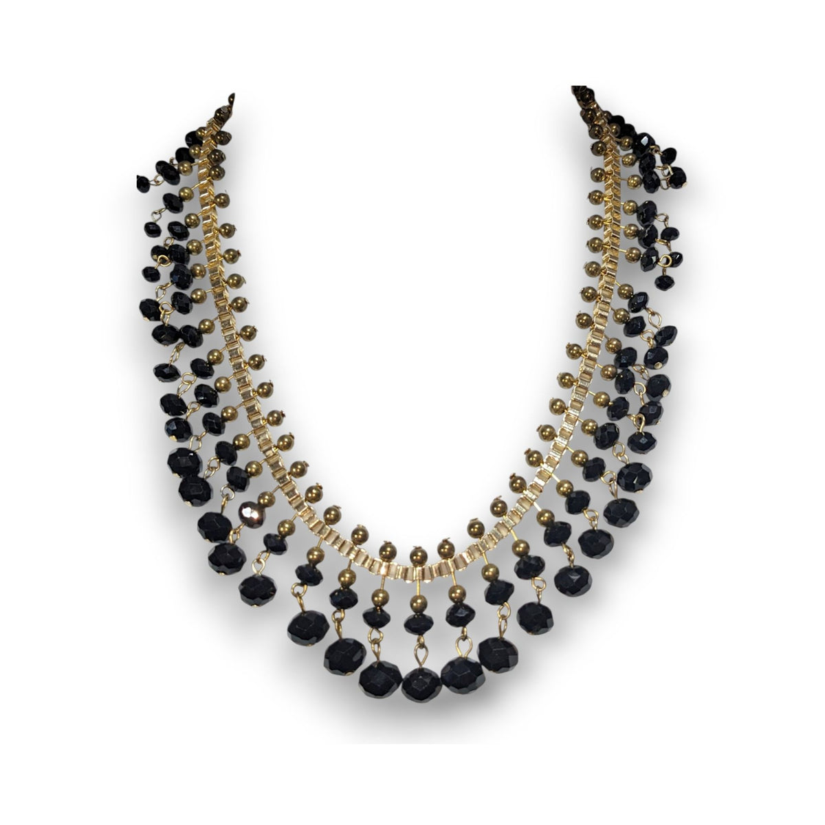 Gothic Glam Black Gold Tone Faceted Bead Fringe Bib Necklace 18 Inch