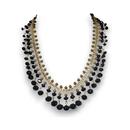 Gothic Glam Black Gold Tone Faceted Bead Fringe Bib Necklace 18 Inch