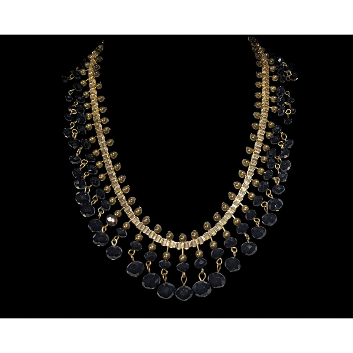 Gothic Glam Black Gold Tone Faceted Bead Fringe Bib Necklace 18 Inch