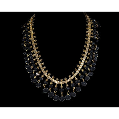 Gothic Glam Black Gold Tone Faceted Bead Fringe Bib Necklace 18 Inch
