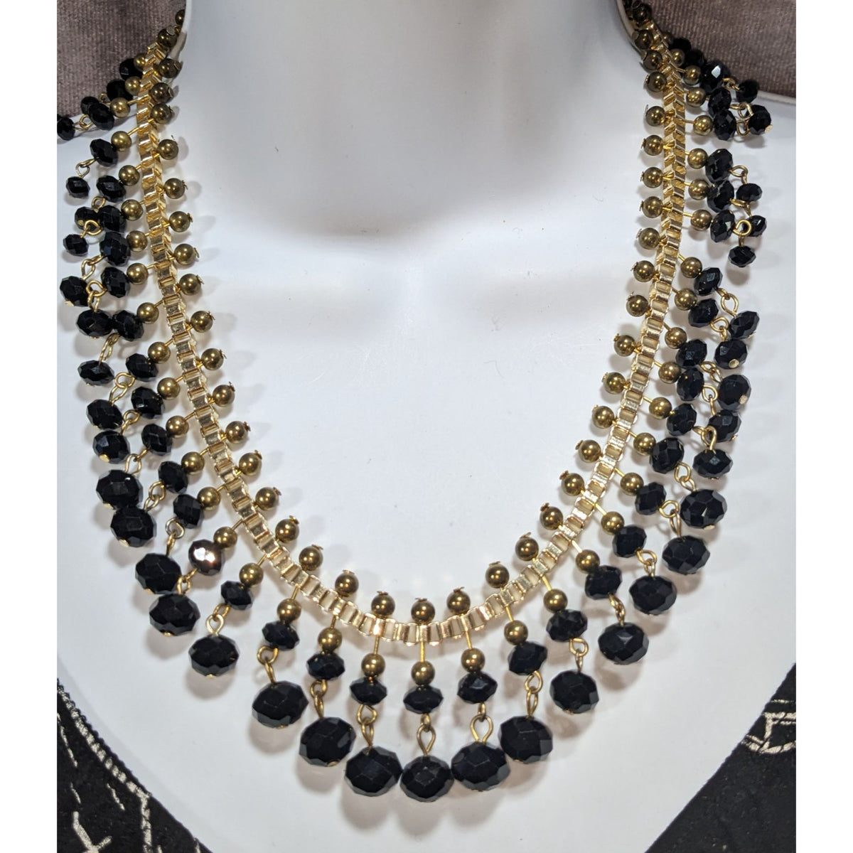 Gothic Glam Black Gold Tone Faceted Bead Fringe Bib Necklace 18 Inch