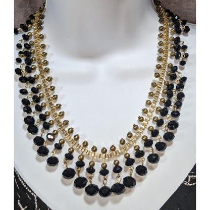 Gothic Glam Black Gold Tone Faceted Bead Fringe Bib Necklace 18 Inch