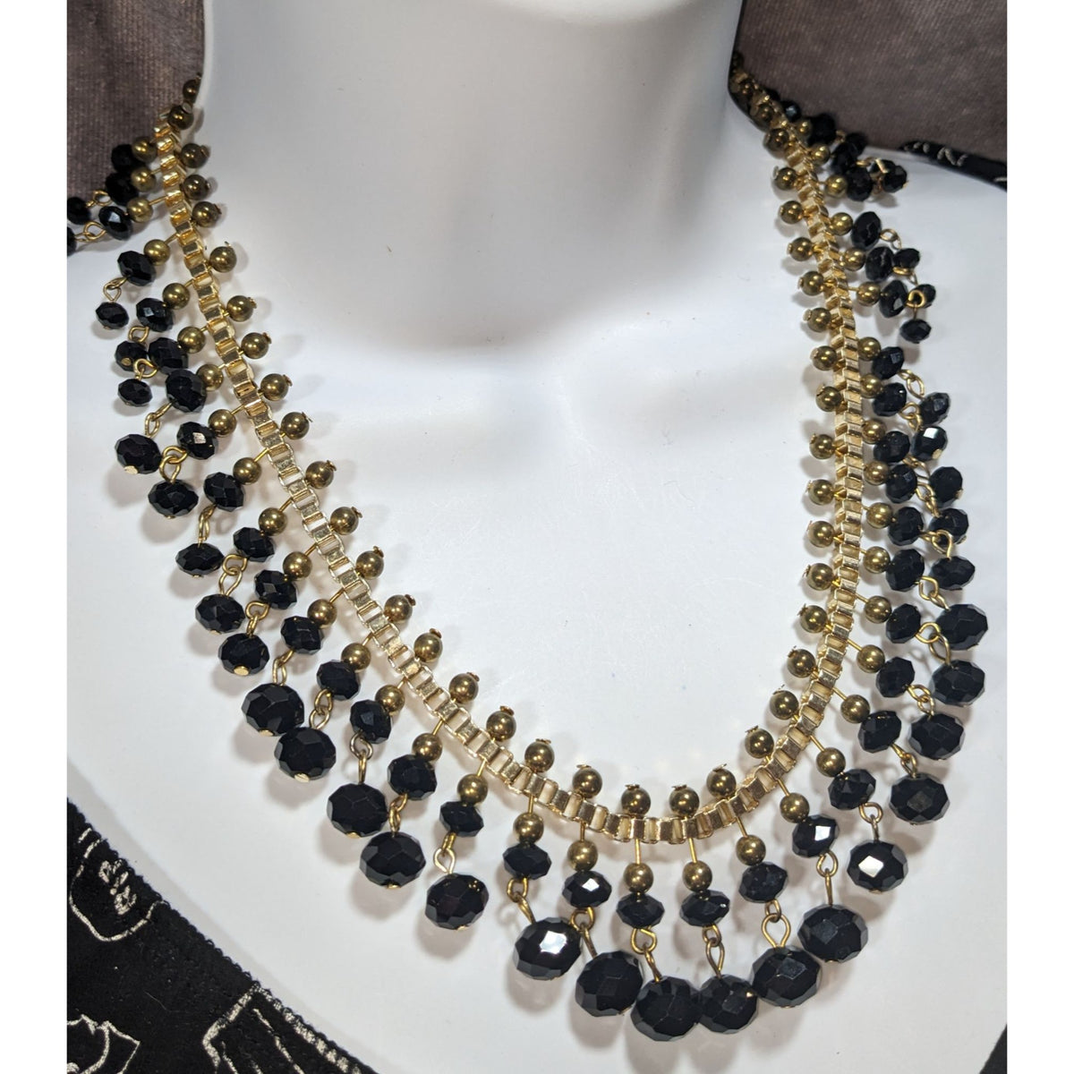 Gothic Glam Black Gold Tone Faceted Bead Fringe Bib Necklace 18 Inch
