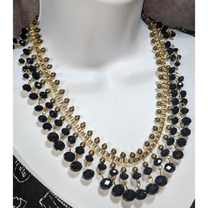 Gothic Glam Black Gold Tone Faceted Bead Fringe Bib Necklace 18 Inch