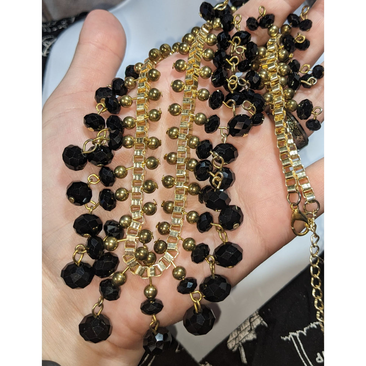Gothic Glam Black Gold Tone Faceted Bead Fringe Bib Necklace 18 Inch