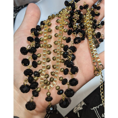 Gothic Glam Black Gold Tone Faceted Bead Fringe Bib Necklace 18 Inch