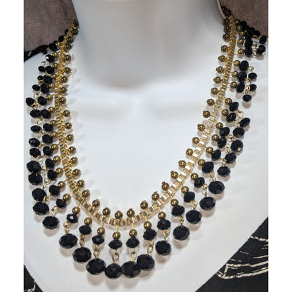 Gothic Glam Black Gold Tone Faceted Bead Fringe Bib Necklace 18 Inch