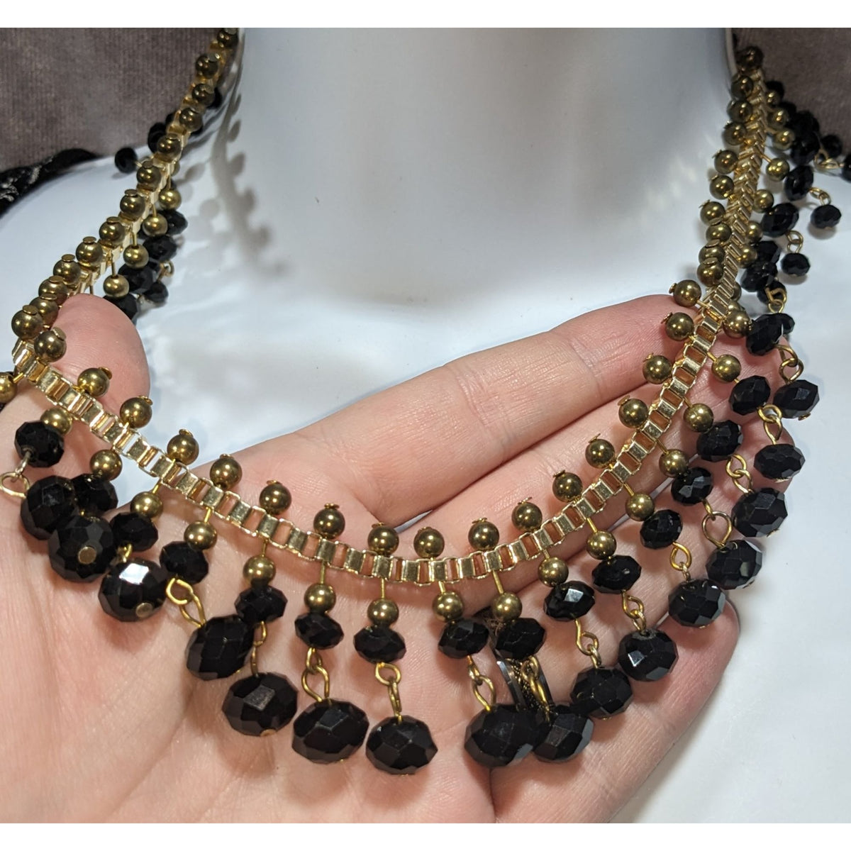 Gothic Glam Black Gold Tone Faceted Bead Fringe Bib Necklace 18 Inch