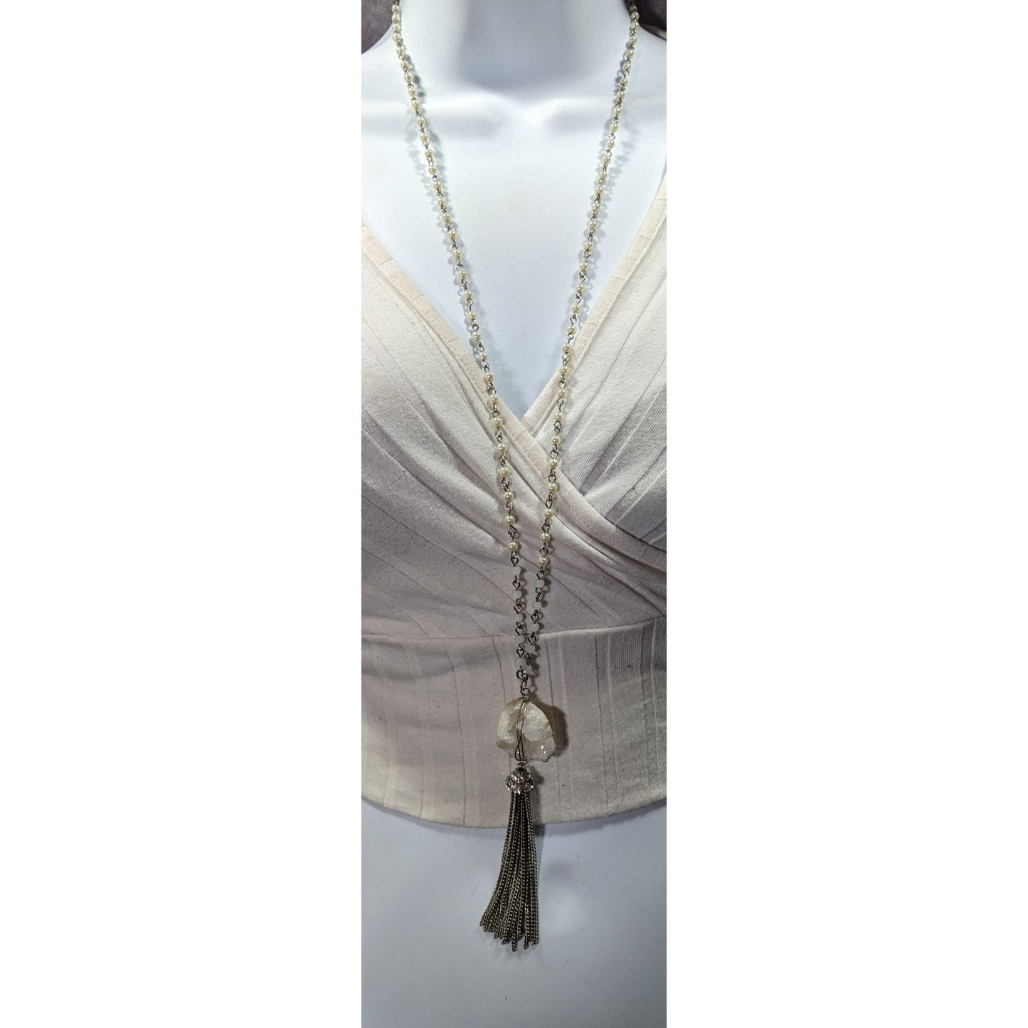 Handmade Druzy Quartz Pendant Tassel Necklace