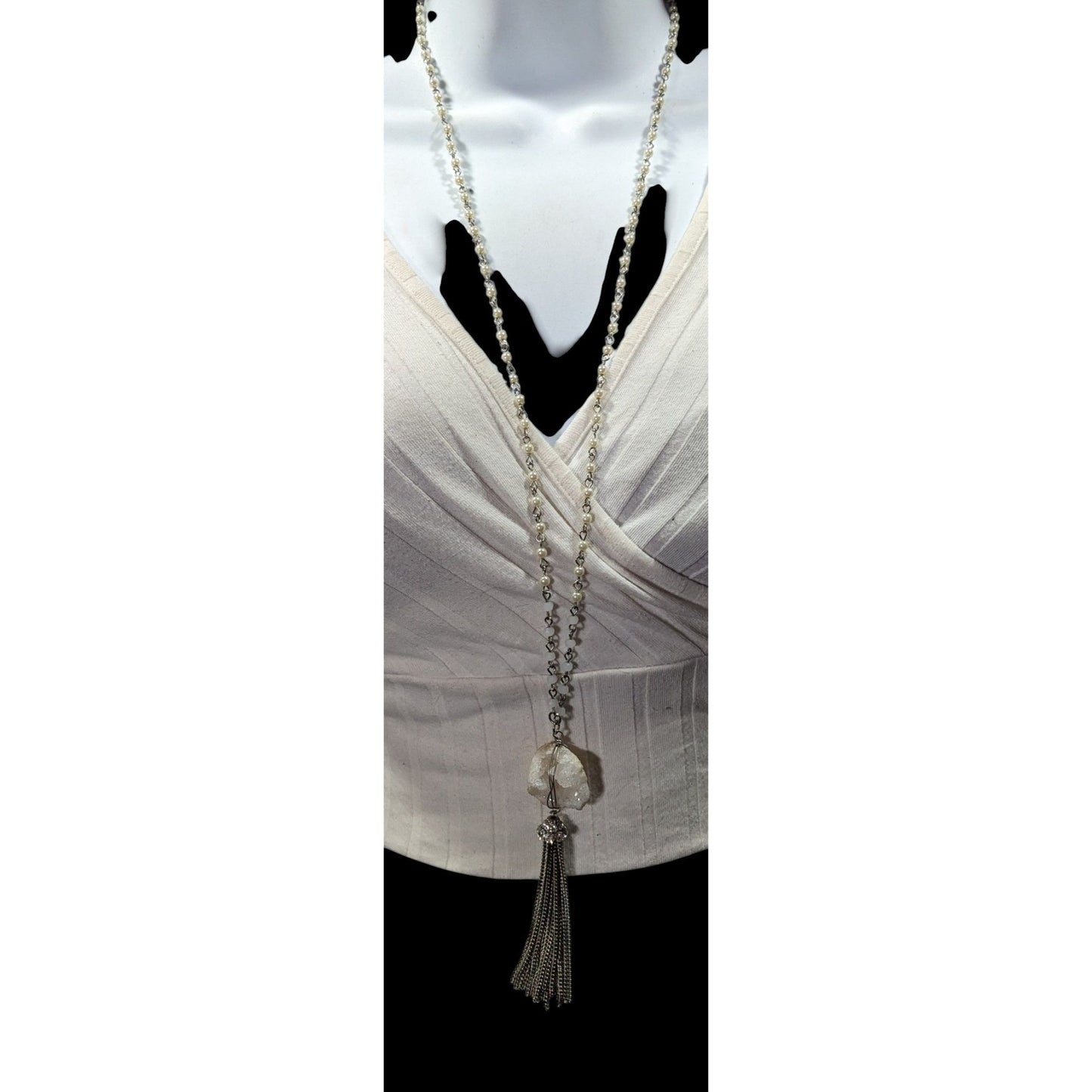 Handmade Druzy Quartz Pendant Tassel Necklace