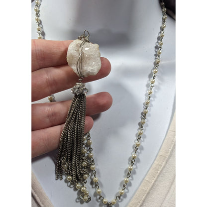 Handmade Druzy Quartz Pendant Tassel Necklace